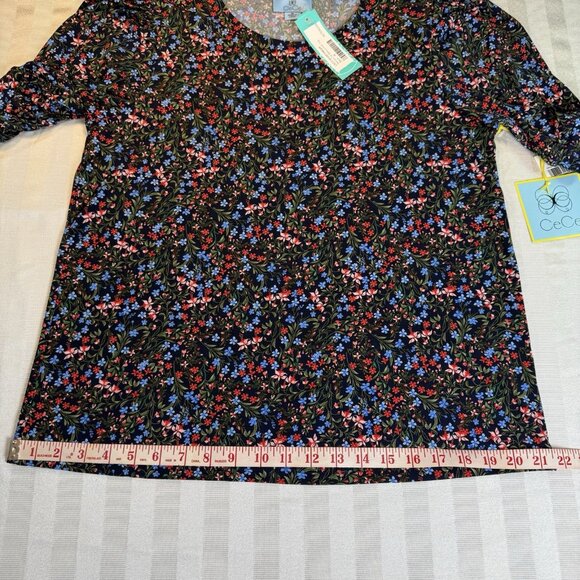 CeCe Floral Roman Tie Short Sleeve Knit Top Sz M NWT - Picture 7 of 12